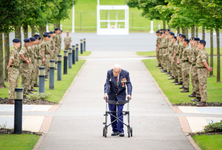 Captain Sir Tom Moore walks down a guard of honour during a visit to the Army Foundation College in Harrogate, North Yorkshire as part of his new role as Honorary Colonel of the Northern military training establishment. (Photo by Danny Lawson/PA Images via Getty Images)