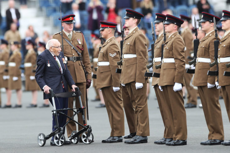 In the role of Chief Inspecting Officer, Captain Sir Tom Moore, inspects the Junior Soldiers at their Graduation Parade during a visit to the Army Foundation College in Harrogate, North Yorkshire where he is Honorary Colonel of the Northern military training establishment. (Photo by Danny Lawson/PA Images via Getty Images)