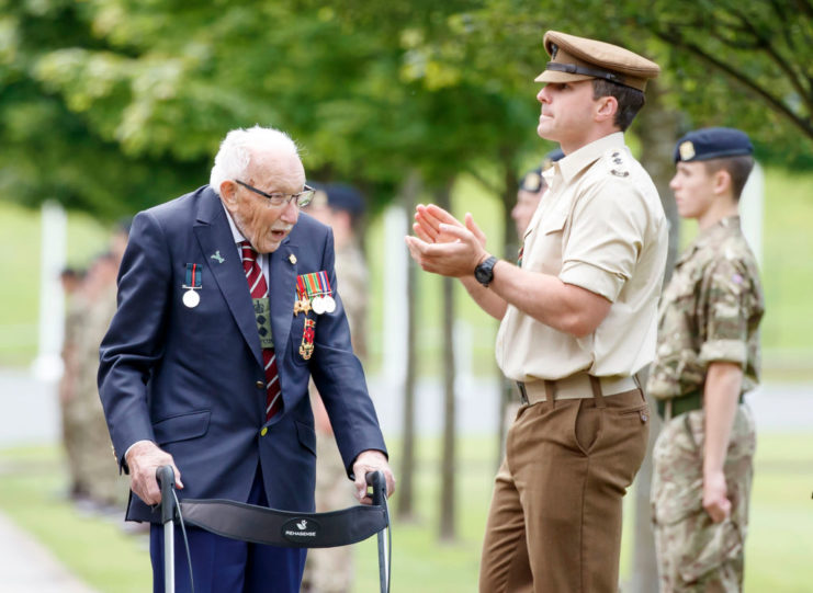 Captain Sir Tom Moore walks down a guard of honour during a visit to the Army Foundation College in Harrogate, North Yorkshire as part of his new role as Honorary Colonel of the Northern military training establishment. (Photo by Danny Lawson/PA Images via Getty Images)