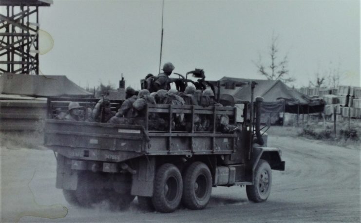 There were a number of Marines stationed at the military base in Quang Tri. Buchta snapped this photograph of a group of Marines leaving the base for a combat mission. Courtesy of Don Buchta