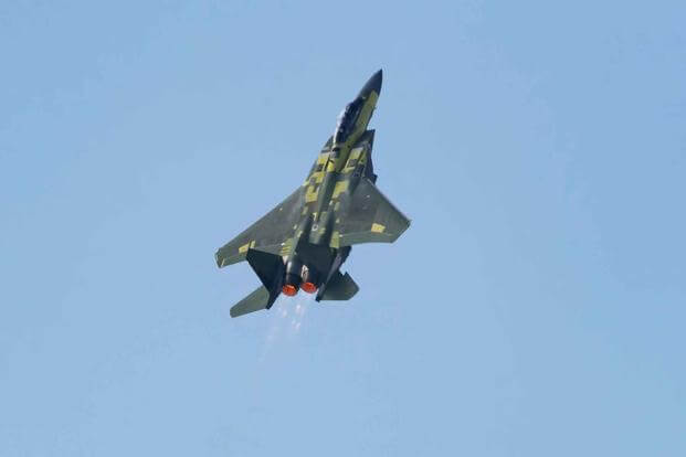 The F-15EX fighter jet’s departure during its first flight on Feb. 2, 2021. Photo courtesy of Eric Shindelbower/Boeing.