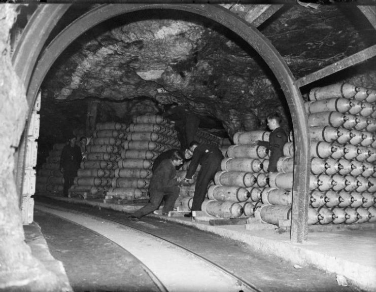 250 lb MC bombs being stacked in one of RAF Fauld’s tunnels