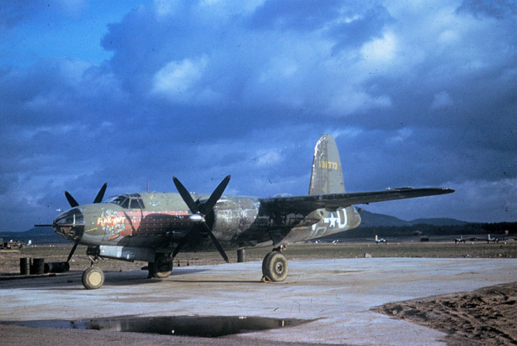 A B-26 Marauder (serial number 41-31773) nicknamed Flak Bait of the 322nd Bomb Group, Andrews Field Aerodrome, England.