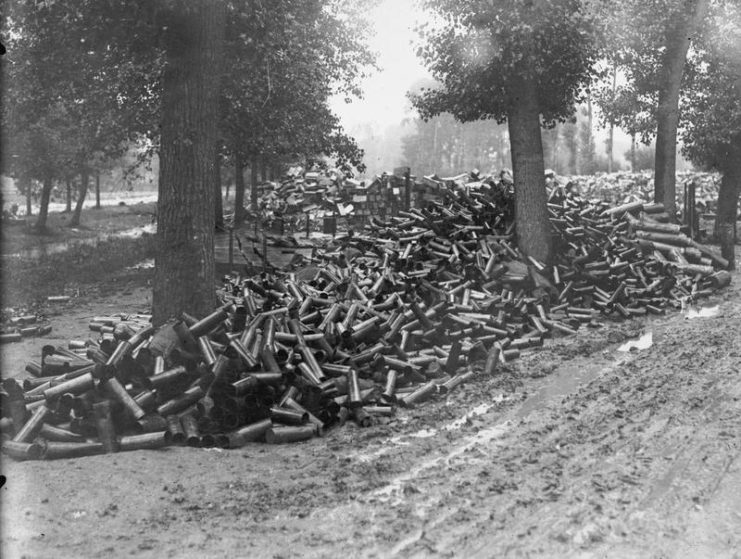 A dump of 18 pounder shell cases used in the bomdardment of Fricourt. Extraordinary quantities of ammunition were used in successive bombardments.