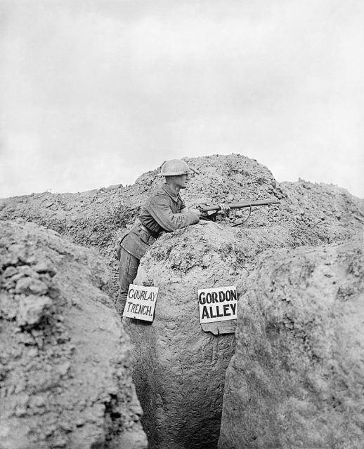 A sentry of the 10th Battalion, Gordon Highlanders at the junction of two trenches – Gourlay Trench and Gordon Alley. Martinpuich, 28 August 1916.