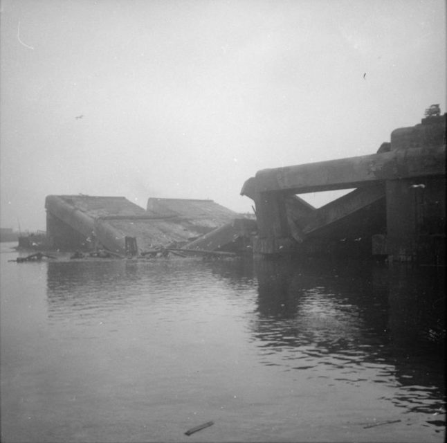 A view of the ruins of the U-Boat pens at Hamburg after their demolition.