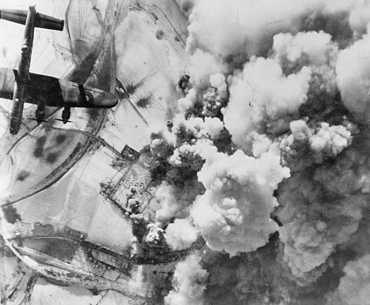 Aerial photograph of an attack by Royal Air Force Avro Lancaster bombers over St. Vith, Belgium, on 26 December 1944.