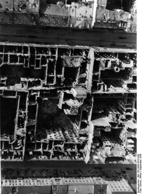 Aerial view of destroyed buildings between Zielna and Marszalkowska Streets in Warsaw, Poland. September 1939.