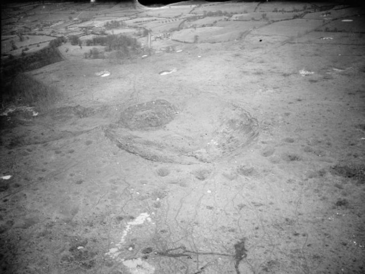 Aerial view of the crater caused by the RAF Fauld explosion. Around 4,000 tons of explosives detonated in underground storage in 1944, causing one of the biggest non nuclear explosions ever.