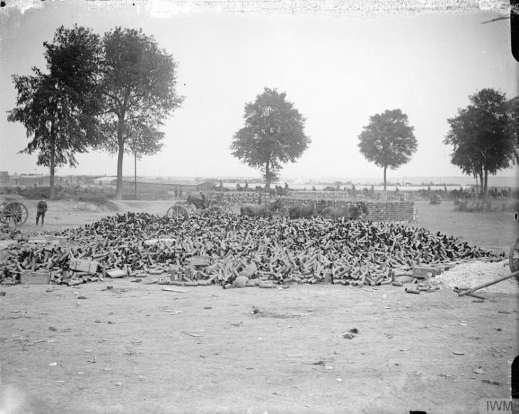 An empty Field gun Cartridge case dump. Fricourt Road, near Mealte, July 1916.