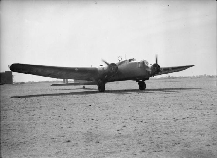 Armstrong Whitworth Whitley Mark III, K8994 E, of No. 10 Operational Training Unit, taxying at Abingdon, Berkshire.