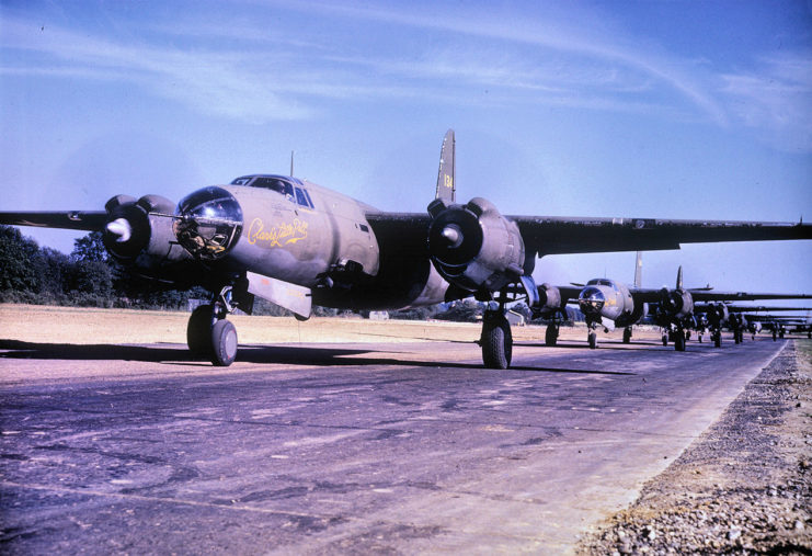 B-26s of the 322d Medium Bomb Group on the perimeter track of Andrews Field prior to takeoff.