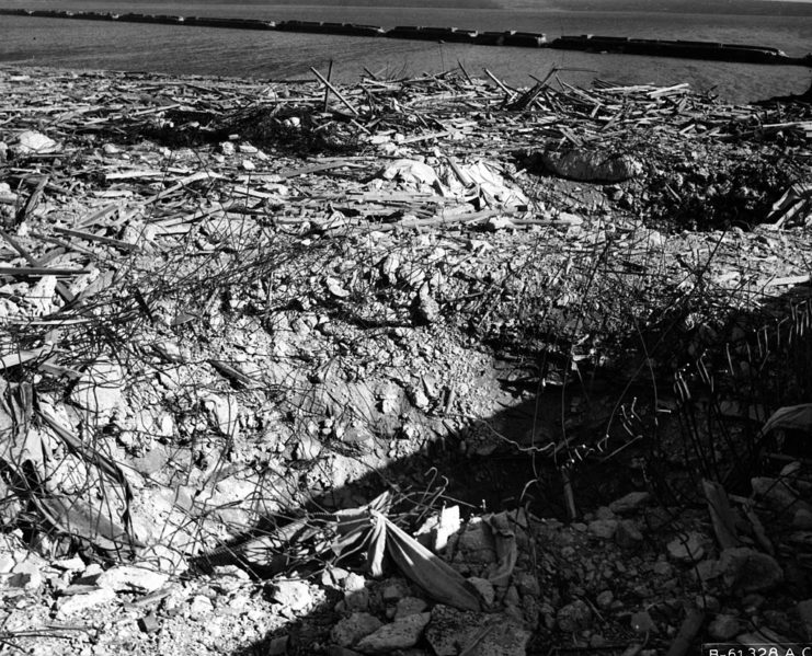 Bomb craters on the roof of a building at the German submarine base, Brest, France.