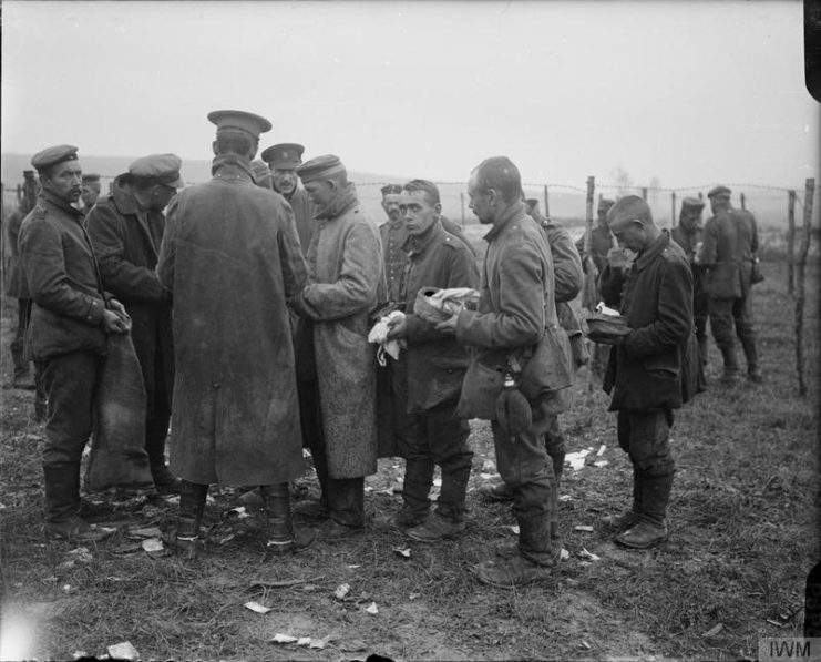 British intelligence officers interrogating German prisoners at Fricourt.