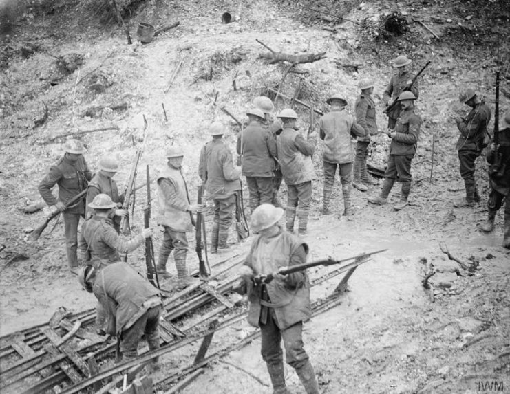 British troops rifles inspected after being relieved from the front line. St Pierre Divion, November 1916.