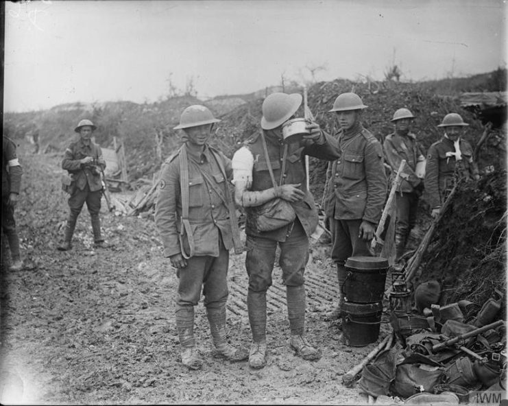 British wounded receiving tea on their way back from the fighting line at 63rd Field Ambulance, Mametz Wood – Mametz road.