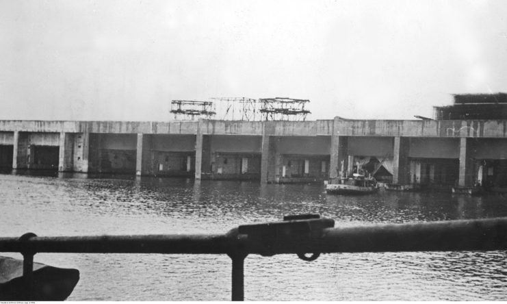 Concrete shelters for German submarines on the Atlantic coast.