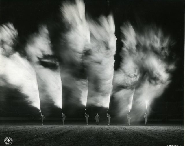 Flamethrowers at New Orleans Louisiana in the Army War Show. 27 November 1942[National Archives and Records Administration, 168594]