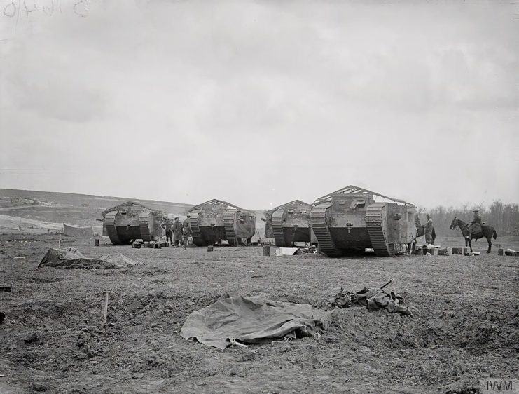 Four Mark I tanks filling with petrol, Chimpanzee Valley, 15 September