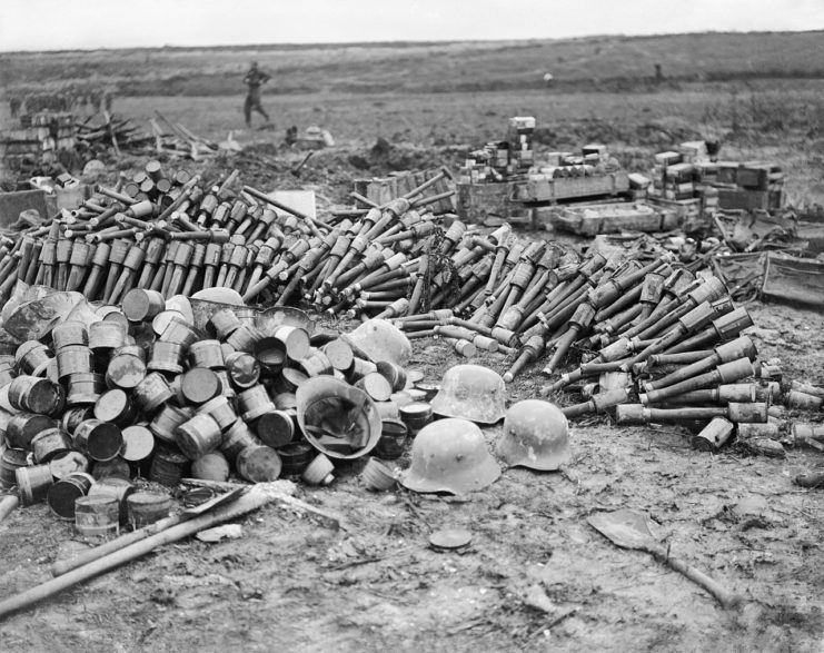 general view showing a stack of bombs and other stores which were left behind after the Germans were driven out of St Pierre-Divion by 39th Division on 13 November 1916.