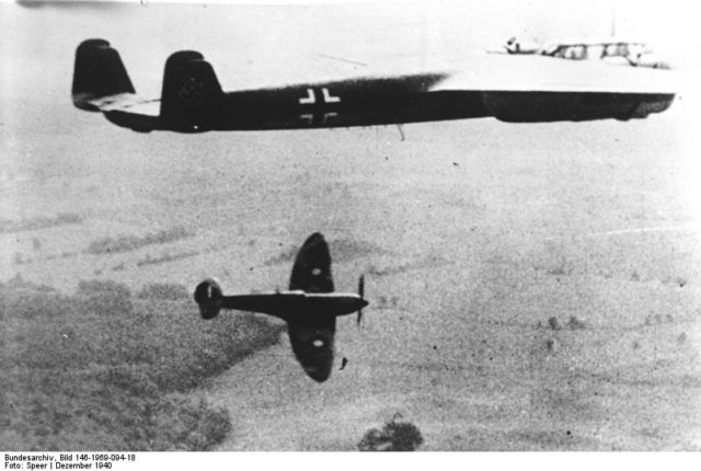 German Do 17 bomber and British Spitfire fighter in the sky over Britain. December 1940. [Bundesarchiv, Bild 146-1969-094-18 Speer CC-BY-SA 3.0]