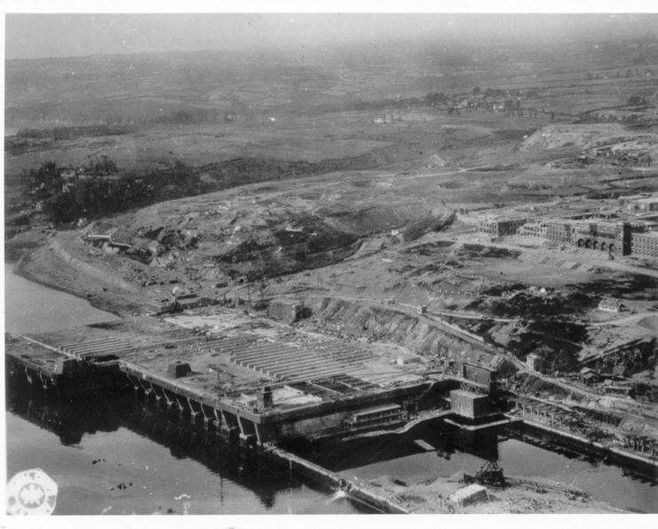 German submarine base, Brest, oblique aerial view, on the right is the Naval Academy.