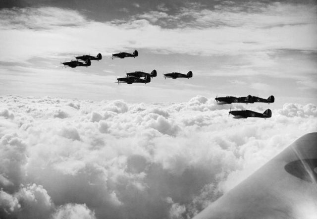 Hawker Hurricane Mk I aircraft of No 85 Squadron, Royal Air Force on patrol during the Battle of Britain. [© IWM (CH 1510)]