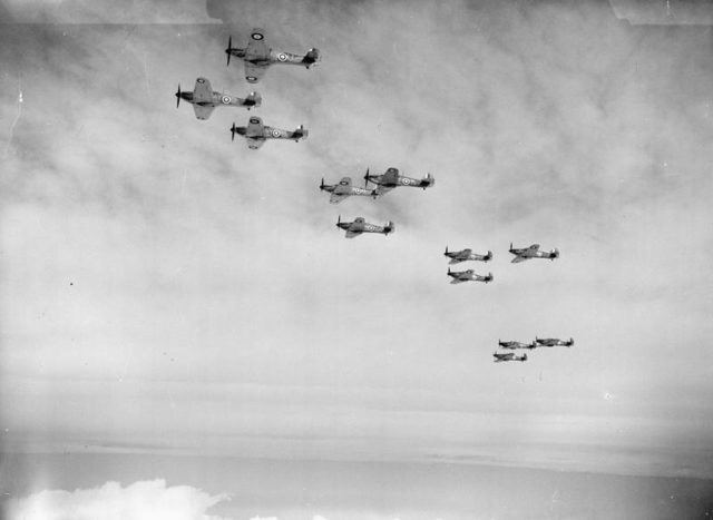 Hurricanes of No. 85 Squadron in flight in search of the enemy, October 1940. [© IWM (CH 1499)]