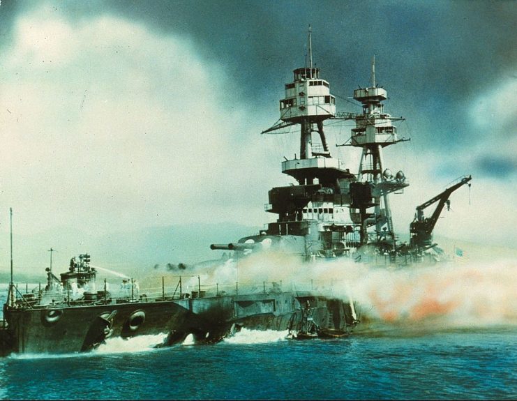 USS Nevada (BB-36) shrouded in smoke