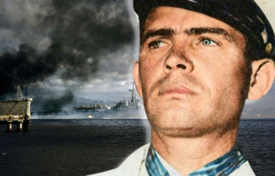 Vessels shrouded in smoke at Pearl Harbor + Military portrait of John Finn