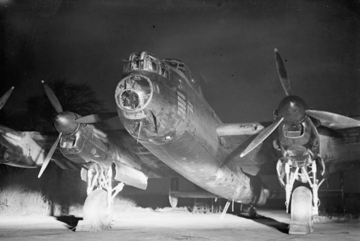 Lancaster I R5729 KM-A of No 44 Squadron at Dunholme Lodge, Lincolnshire, before setting out for Berlin on 2 January 1944.