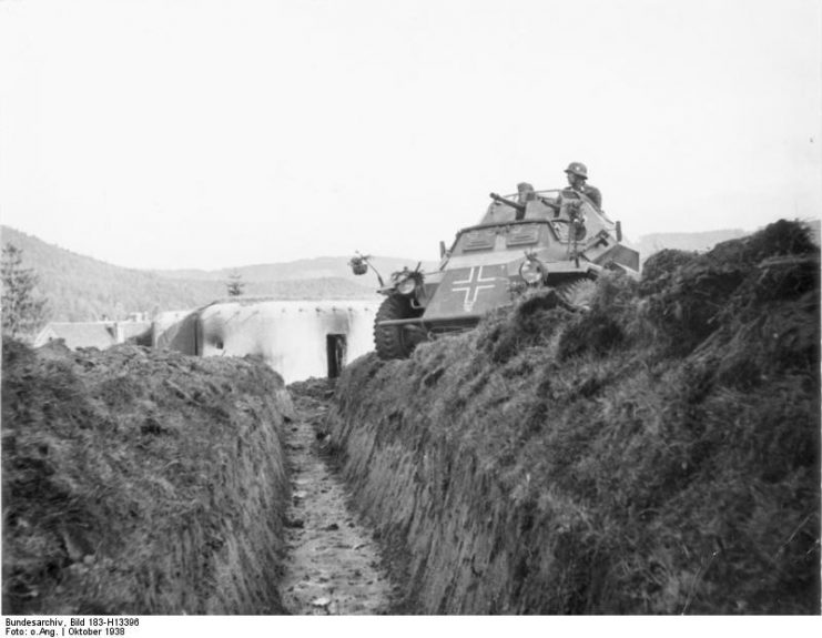 Liberated Sudetenland, concrete bunker of the Schöber line with German Strassenpanzerwagen at Karlsbad. Photo Bundesarchiv, Bild 183-H13396 CC-BY-SA 3.0