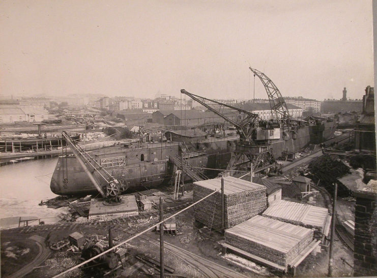 Outfitting of Russian dreadnought Poltava, in the Admiralty Shipyard, 1912.