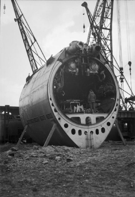 Prefabricated U-boat sections at Hamburg.