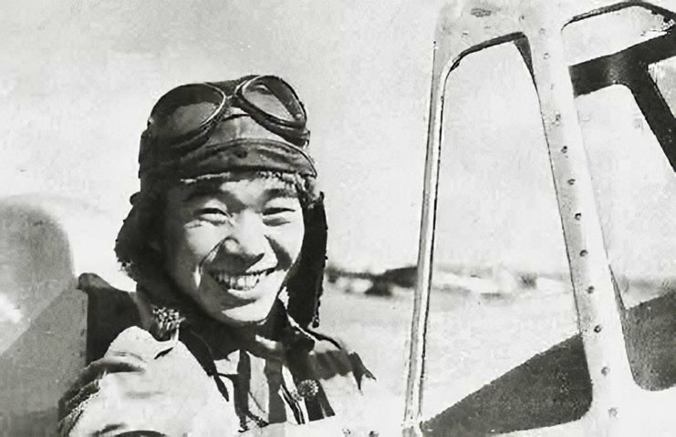 Saburō Sakai sitting in the cockpit of a Mitsubishi A5M