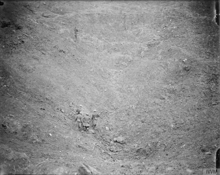 Scottish troops in the mine crater in High Wood. Sprung in the attack of the 1st Division on 3rd September 1916.
