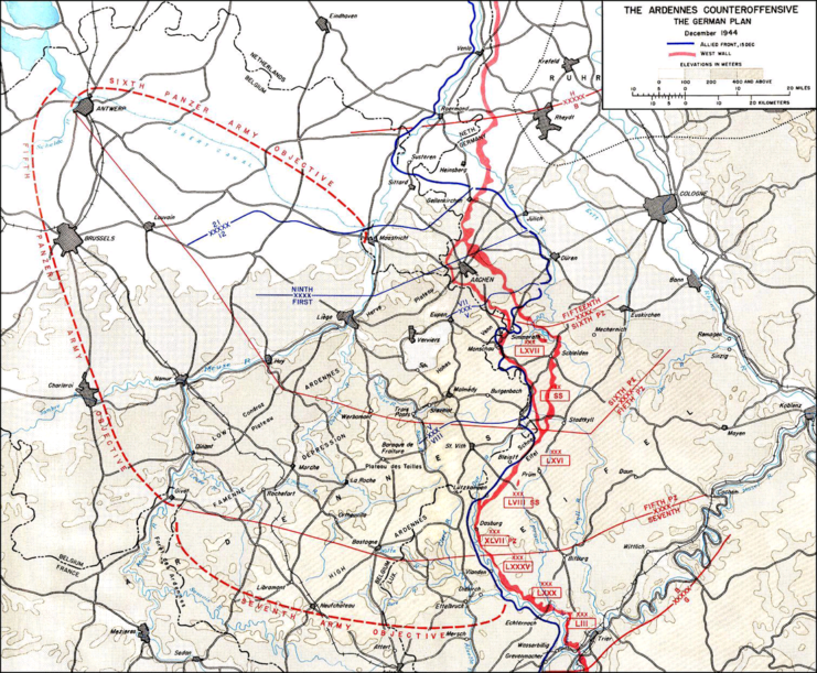 The German plan for the offensive, which involved dividing the US and British forces, while capturing Antwerp, a port crucial for the resupply of Allied troops.