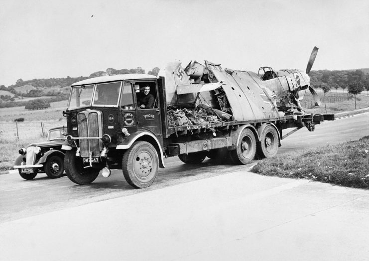 The remains of a Messerschmitt BF 109E-3 of I JG 52 being transported on the back of a civilian lorry September 1940.