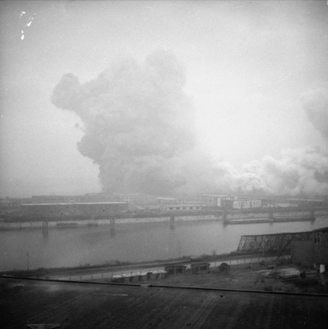 The U-Boat pens at Hamburg going up in smoke.