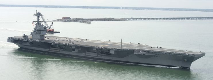 The U.S. Navy aircraft carrier USS Gerald R. Ford (CVN-78) arrives at Naval Station Norfolk, Virginia (USA), after returning from Builder’s Sea Trials and seven days underway.