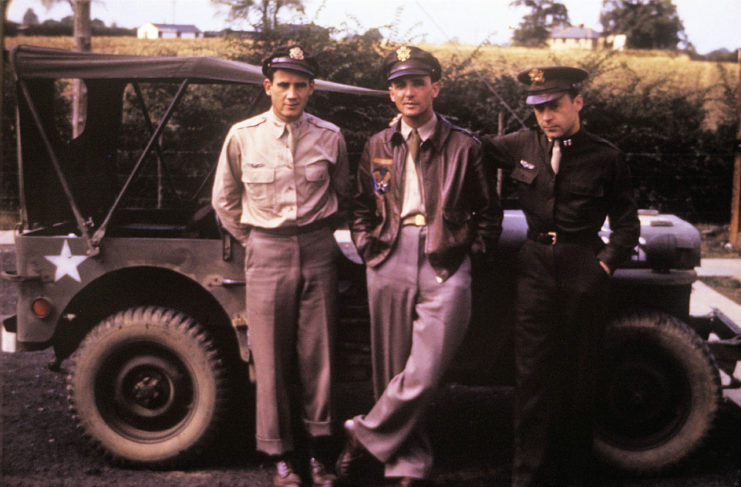 Three unidentified airmen of the 322nd Bomb Group at Andrewsfield Aerodrome, England.