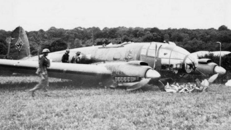 Heinkel He 111 P of Stab/KG 55 which crash-landed at Hipley in Hampshire on 12 July 1940. It was shot down by Hurricanes of ‘B’ Flight, No. 43 Squadron over Southampton Water.