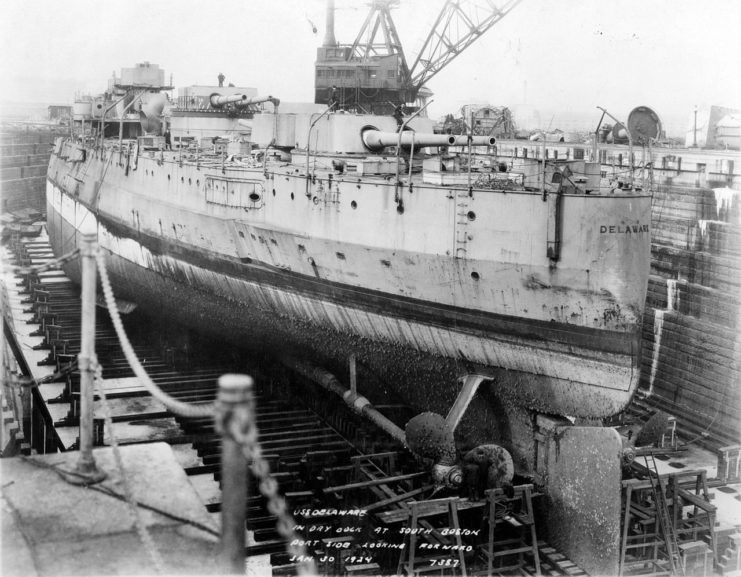 USS Delaware being disarmed in January 1924. Delaware was the sister ship to the USS North Dakota, both from the Delaware class.