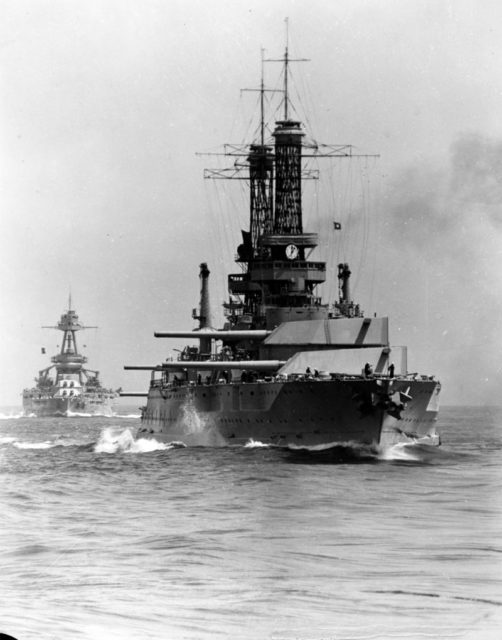 USS Idaho (BB-42) (foreground) and USS Texas (BB-35) Steaming at the rear of the battle line, during Battle Fleet practice off the California coast, circa 1930.