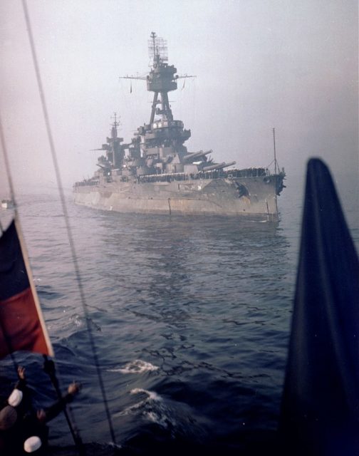 USS New York arrives in New York Harbor for 1945 Navy Day celebrations.