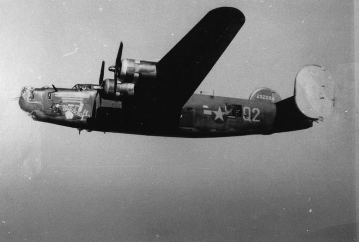 A B-24 Liberator nicknamed Witchcraft of the 467th Bomb Group in flight.