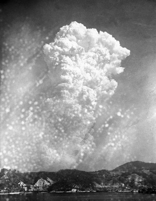 A picture of the atomic cloud over Hiroshima taken from the Department of Artillery Experiments of the Kure Naval Arsenal at Yoshiura-Cho