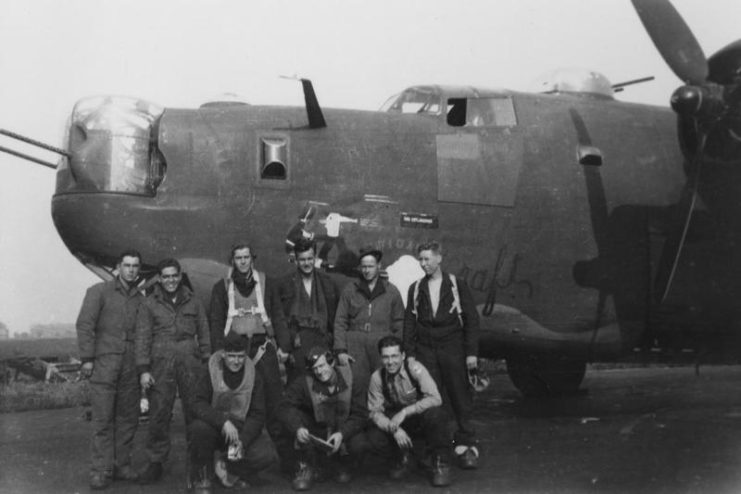 Air crew, Standing left to right Henry Kubacek, Alex McClean, Melvin Bland, Vernon Bundron, Robert McEwen, Bob Dekerf. Front Row, Lt John Oder Copilot, Lt Geo Reed Pilot, Lt Jack Kramer Bombardier.’