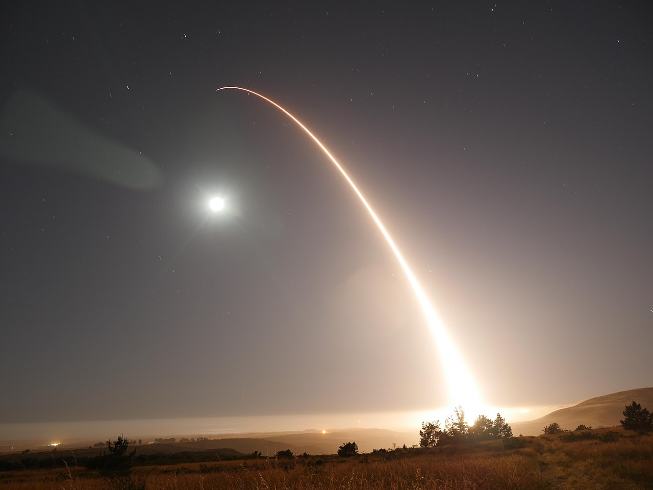 An unarmed Minuteman III intercontinental ballistic missile launches during an operational test at 1202 a.m. Pacific Daylight Time Wednesday, May 3, 2017, at Vandenberg Air Force Base