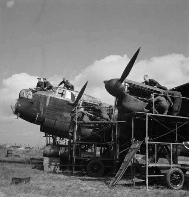 Avro Lancaster Mark I, L7540 ‘OL-U’, of No. 83 Squadron RAF’s Conversion Flight undergoes an engine overhaul at RAF Scampton, Lincolnshire.